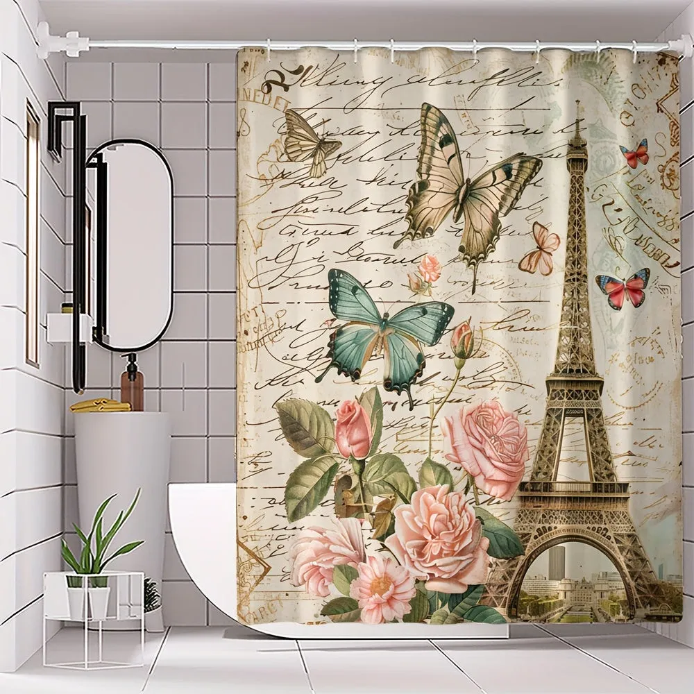 4 pcs butterfly tower digital printed polyester waterproof bath curtain non-punching partition bathroom four-piece set