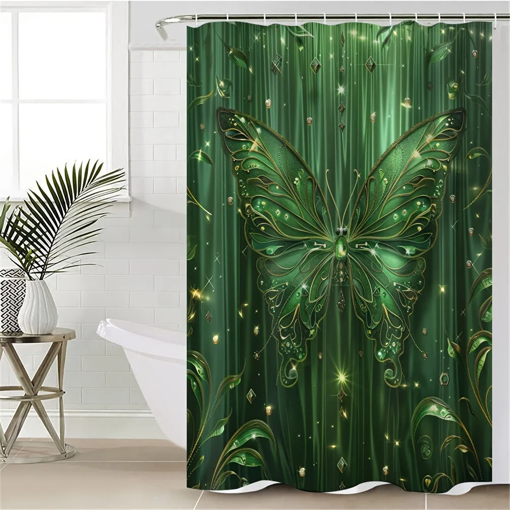 4 pcs green butterfly A digital print polyester waterproof bath curtain no punching partition bathroom four-piece set