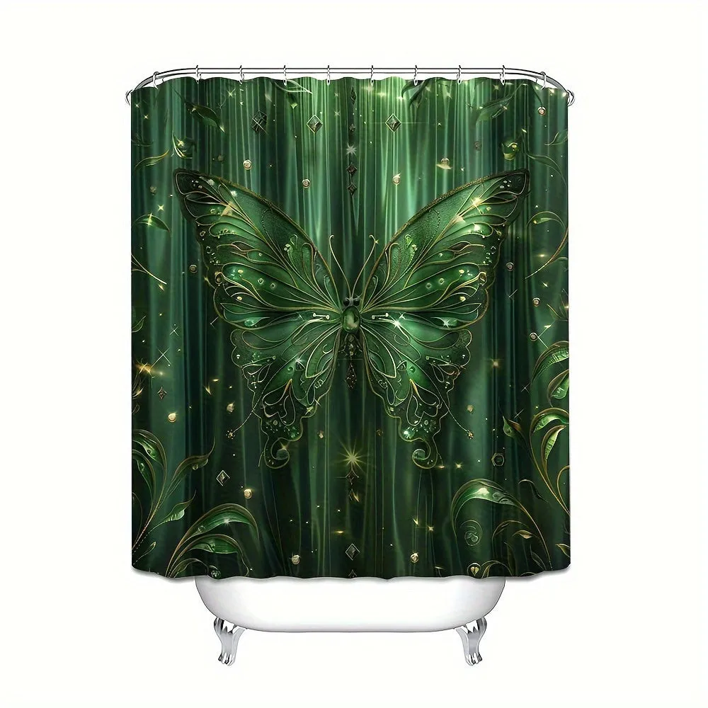 4 pcs green butterfly A digital print polyester waterproof bath curtain no punching partition bathroom four-piece set