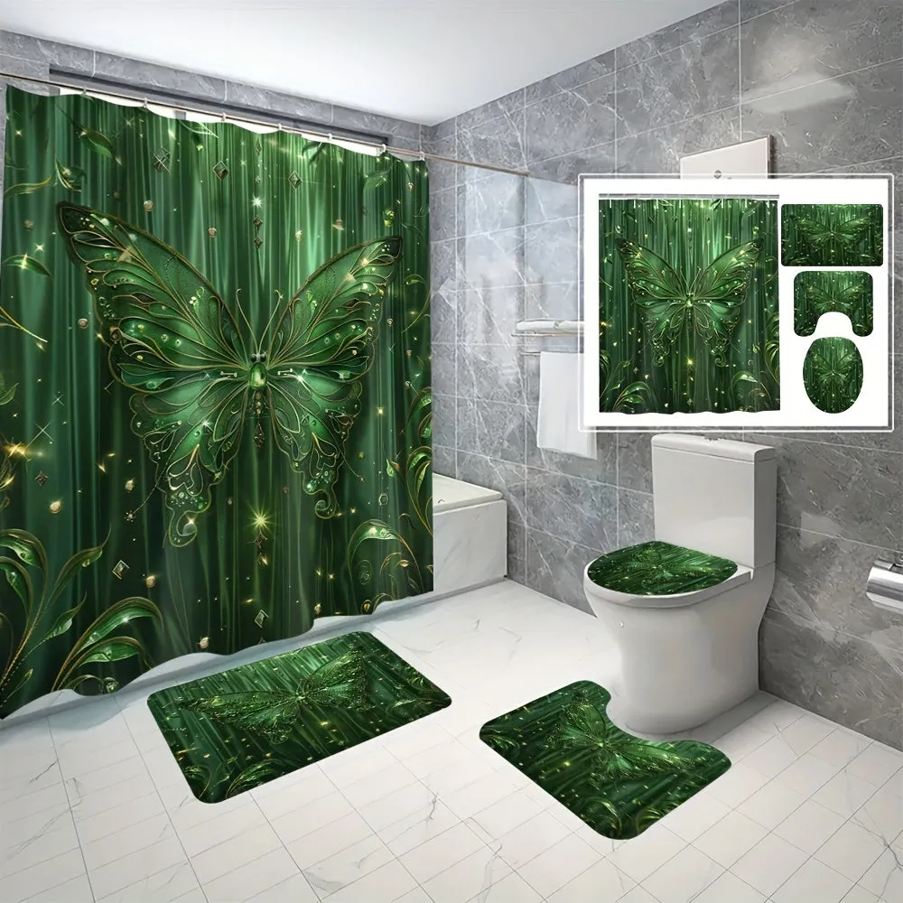 4 pcs green butterfly A digital print polyester waterproof bath curtain no punching partition bathroom four-piece set