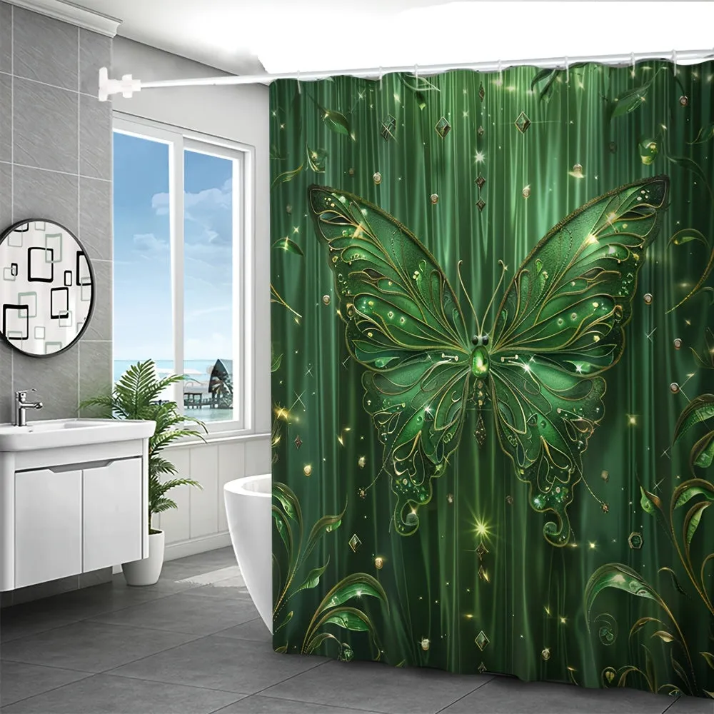 4 pcs green butterfly A digital print polyester waterproof bath curtain no punching partition bathroom four-piece set