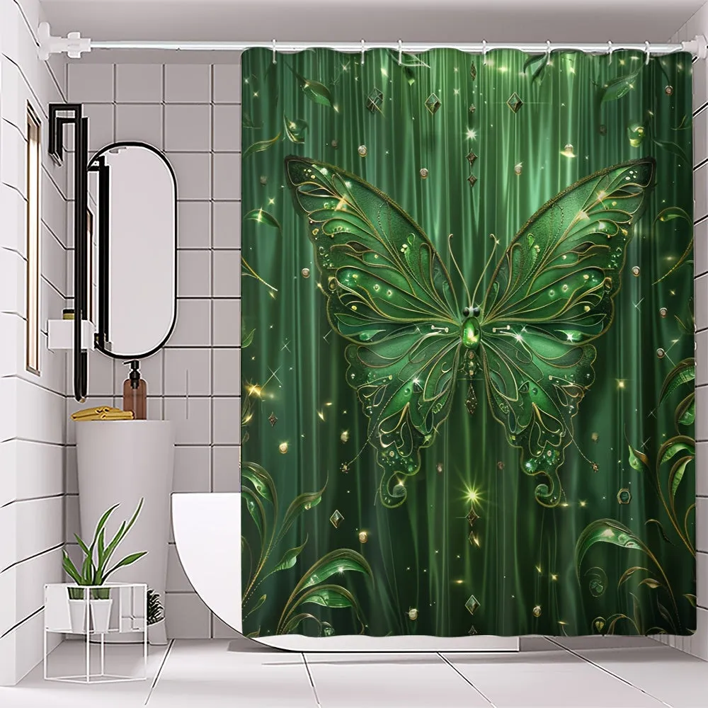 4 pcs green butterfly A digital print polyester waterproof bath curtain no punching partition bathroom four-piece set