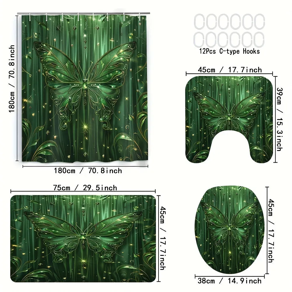 4 pcs green butterfly A digital print polyester waterproof bath curtain no punching partition bathroom four-piece set