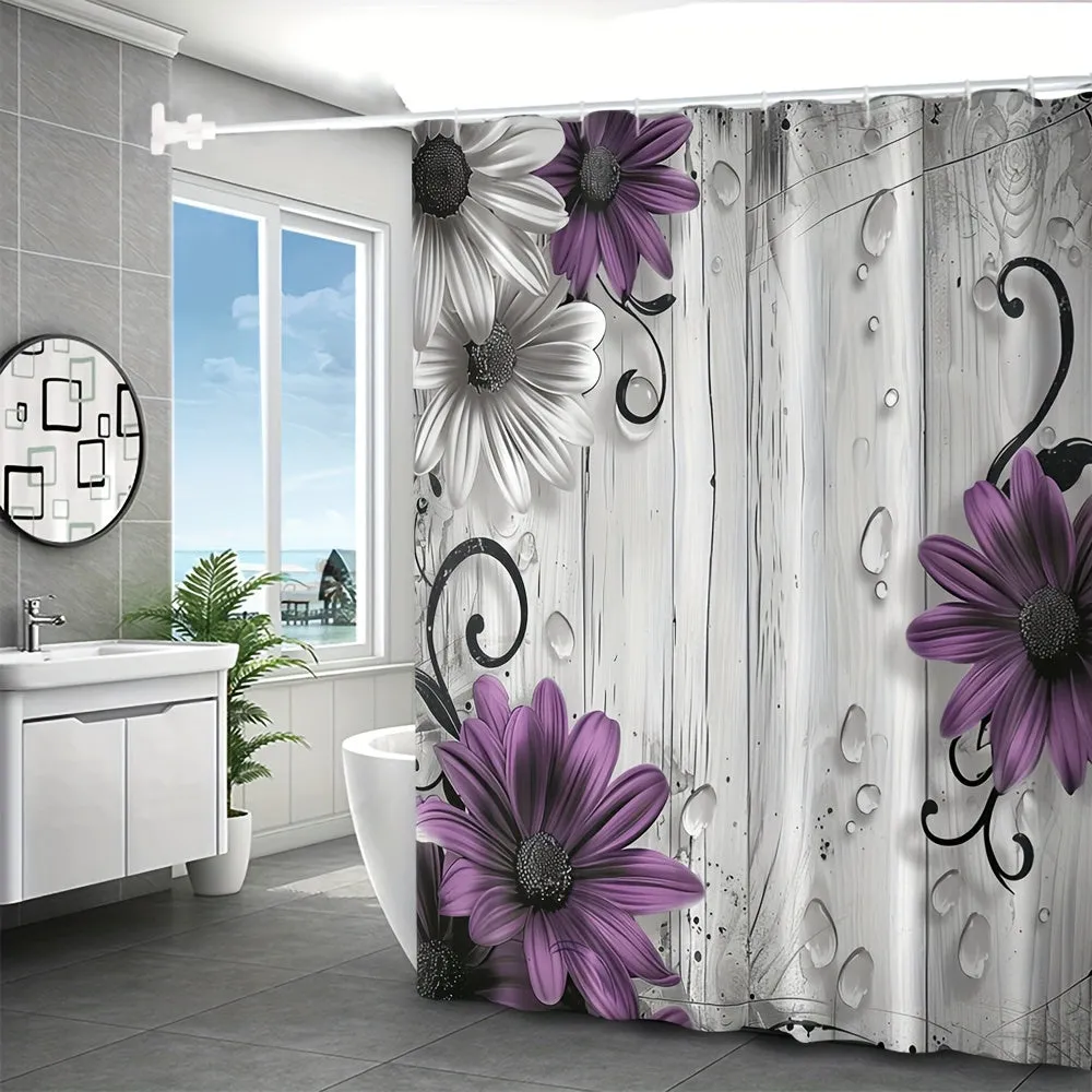 4 pcs purple flower board digital printed polyester waterproof bath curtain no punching partition bathroom four-piece set