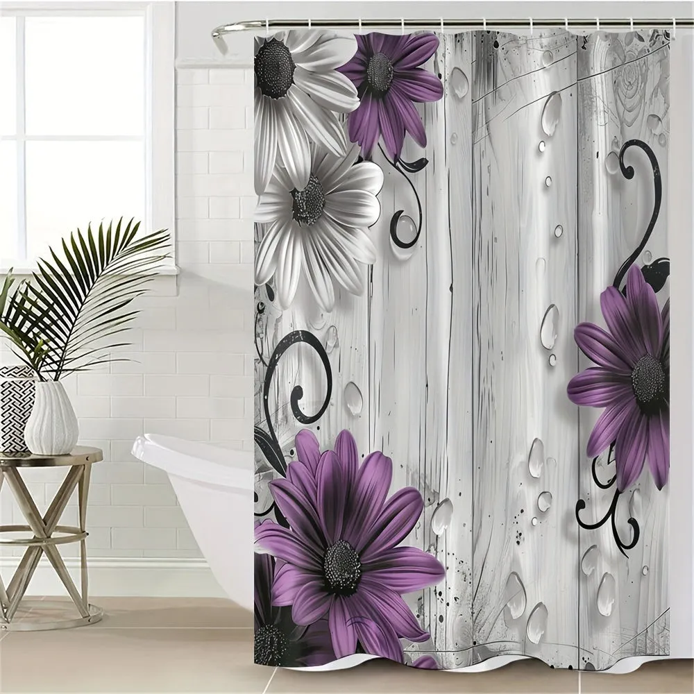 4 pcs purple flower board digital printed polyester waterproof bath curtain no punching partition bathroom four-piece set