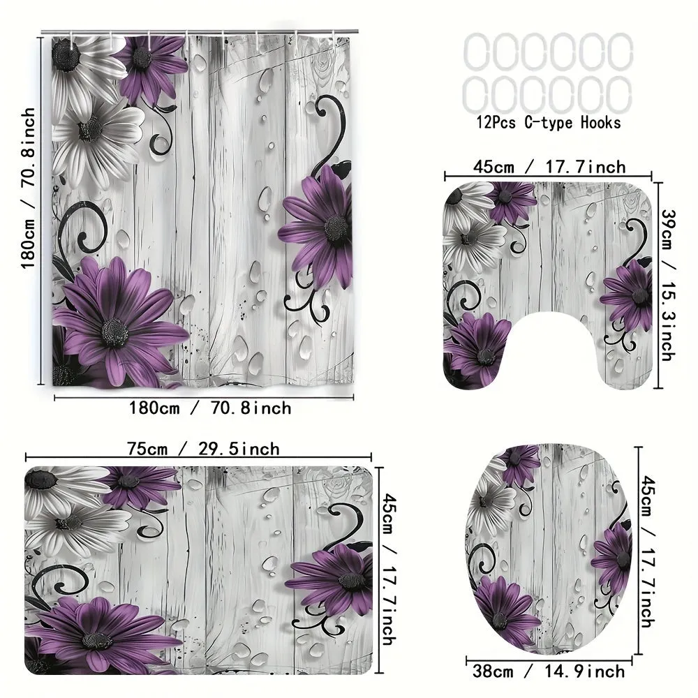 4 pcs purple flower board digital printed polyester waterproof bath curtain no punching partition bathroom four-piece set