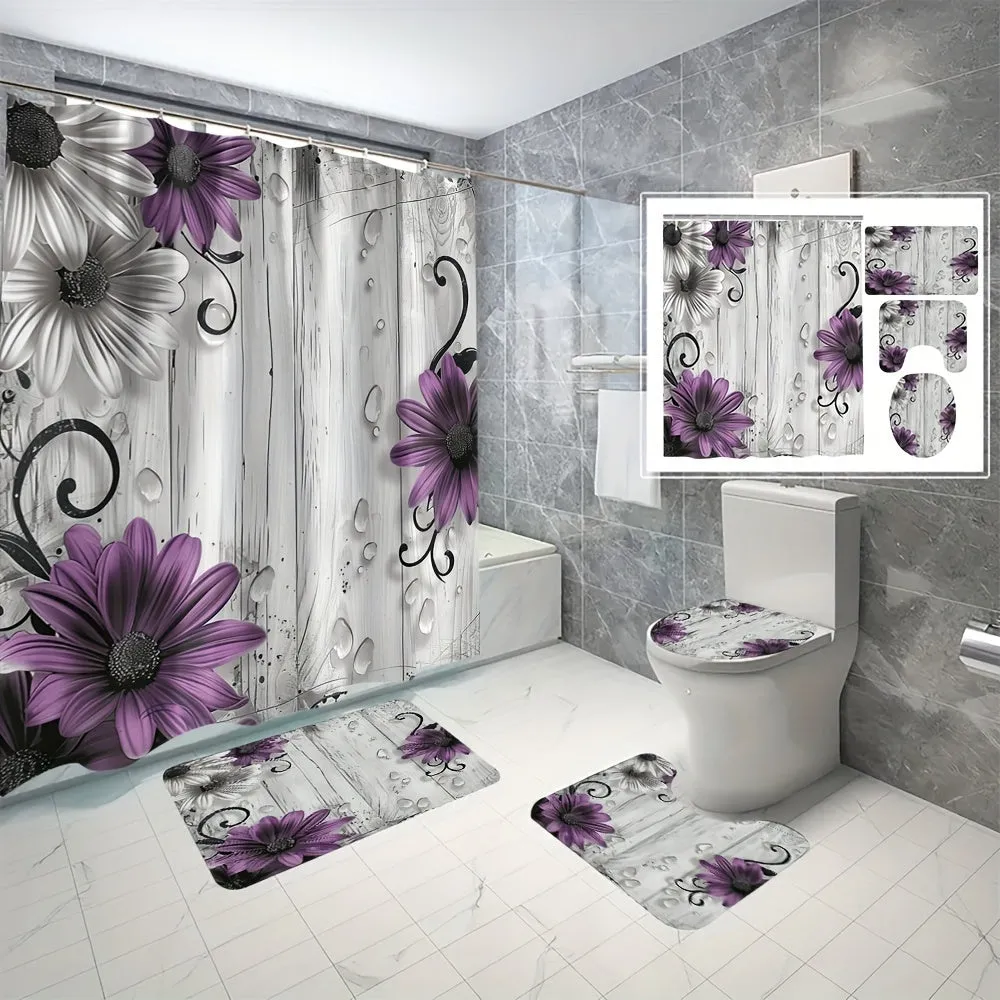 4 pcs purple flower board digital printed polyester waterproof bath curtain no punching partition bathroom four-piece set