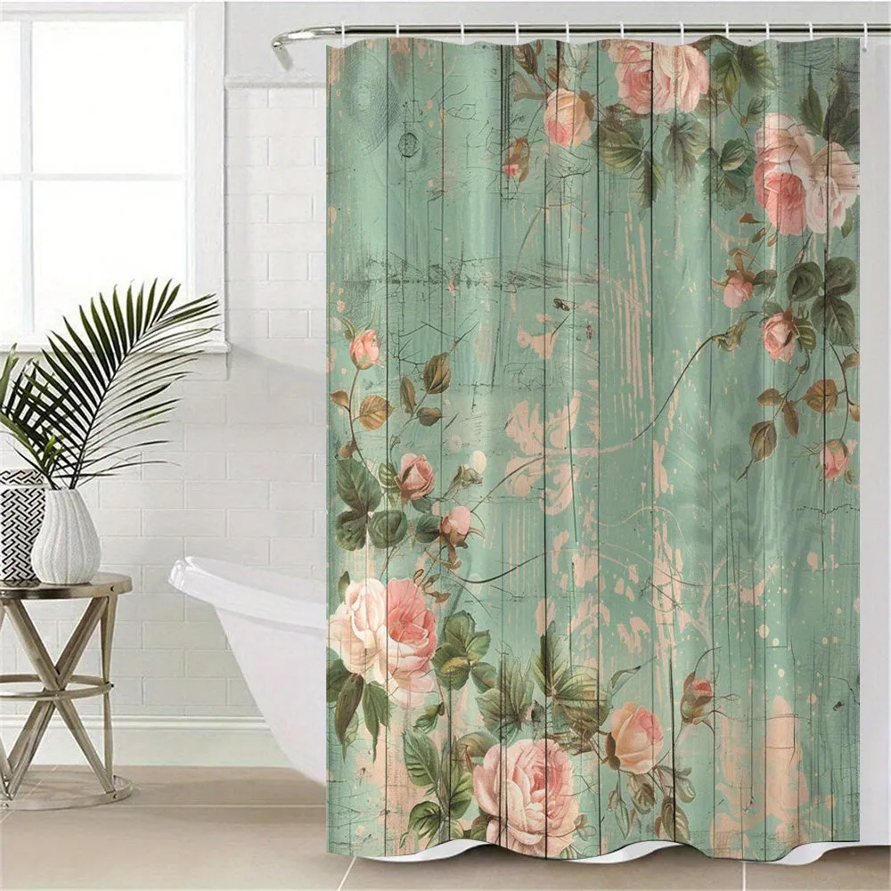 4 pcs rose board digital printed polyester waterproof bath curtain non-punching partition bathroom four-piece set