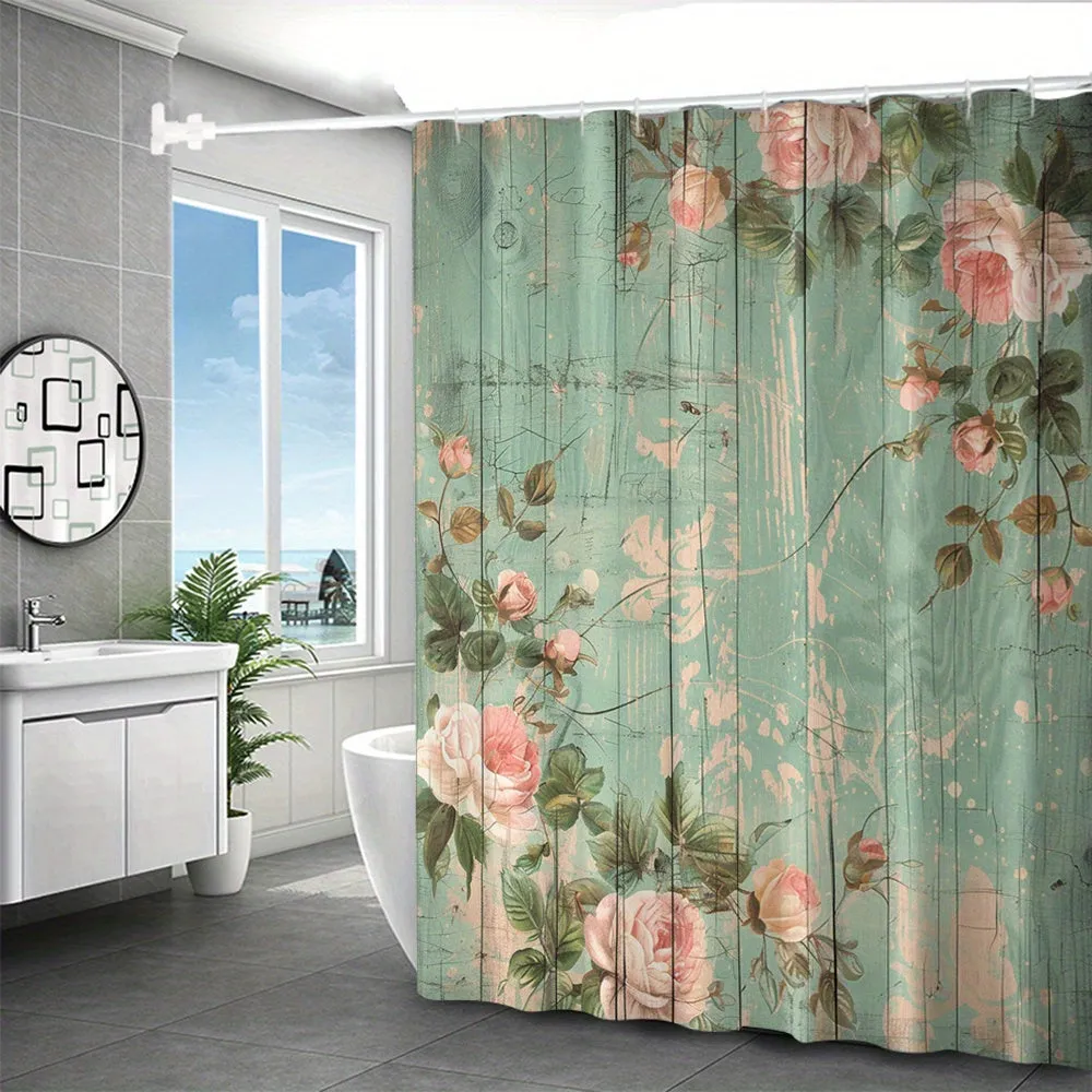 4 pcs rose board digital printed polyester waterproof bath curtain non-punching partition bathroom four-piece set