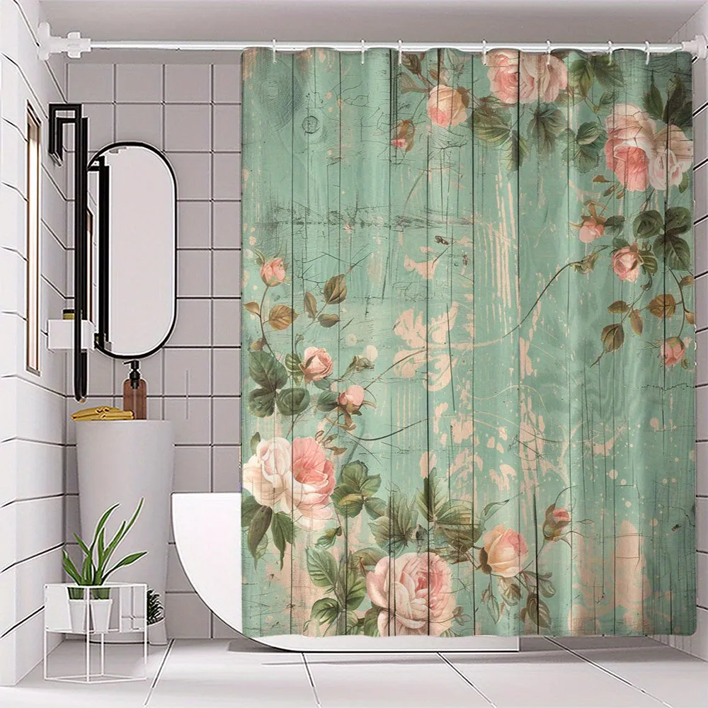 4 pcs rose board digital printed polyester waterproof bath curtain non-punching partition bathroom four-piece set