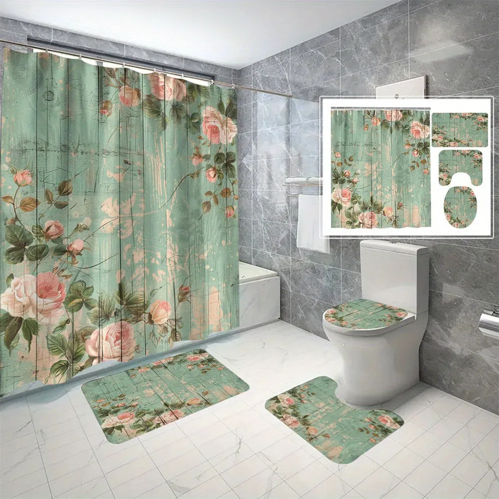 4 pcs rose board digital printed polyester waterproof bath curtain non-punching partition bathroom four-piece set