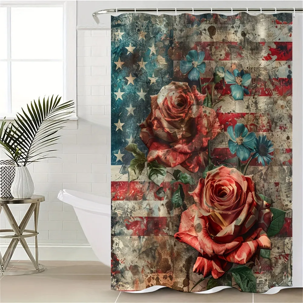 4 pcs Rose Flag digital print polyester waterproof bath curtain non-free partition bathroom four piece set