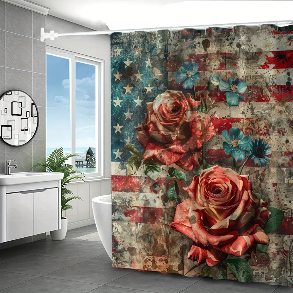 4 pcs Rose Flag digital print polyester waterproof bath curtain non-free partition bathroom four piece set