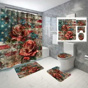 4 pcs Rose Flag digital print polyester waterproof bath curtain non-free partition bathroom four piece set