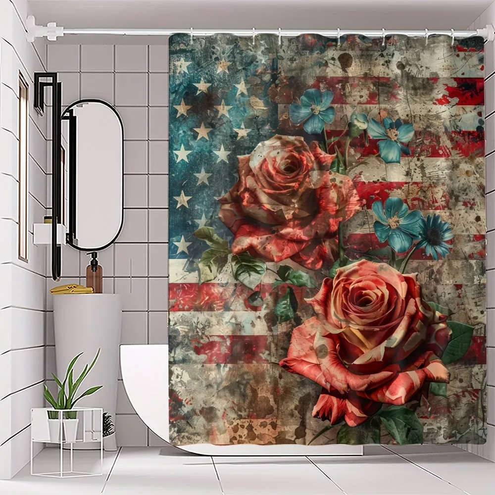 4 pcs Rose Flag digital print polyester waterproof bath curtain non-free partition bathroom four piece set