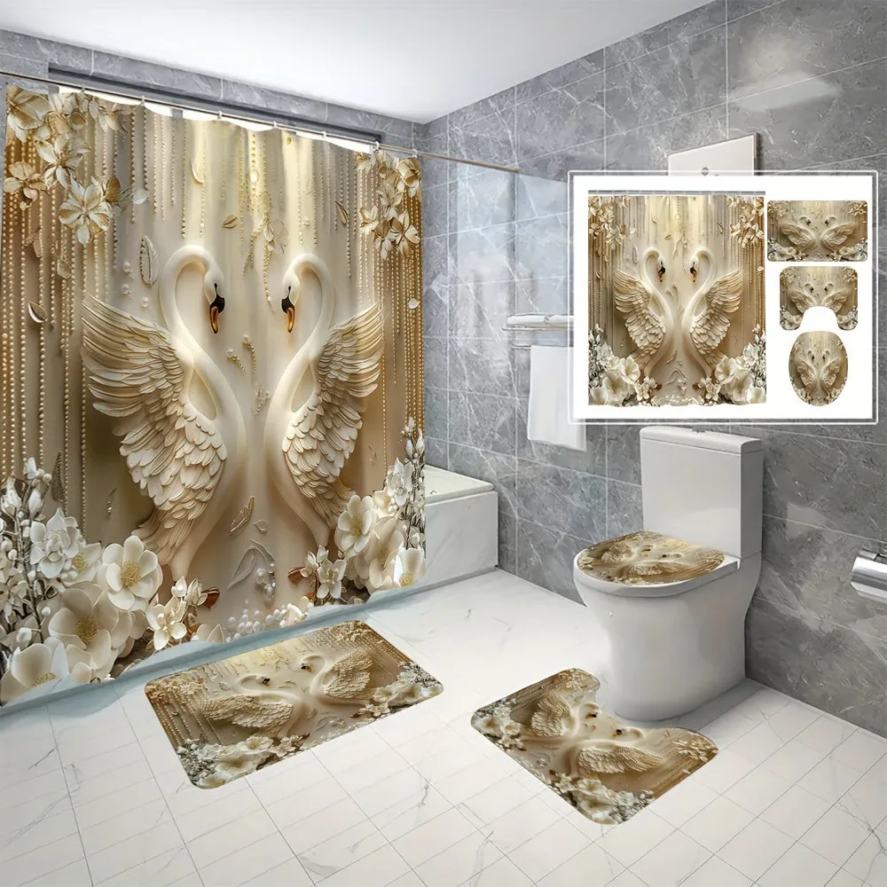 4 pcs Swan digital printing polyester waterproof bath curtain no-perforated partition bathroom bathroom four-piece set