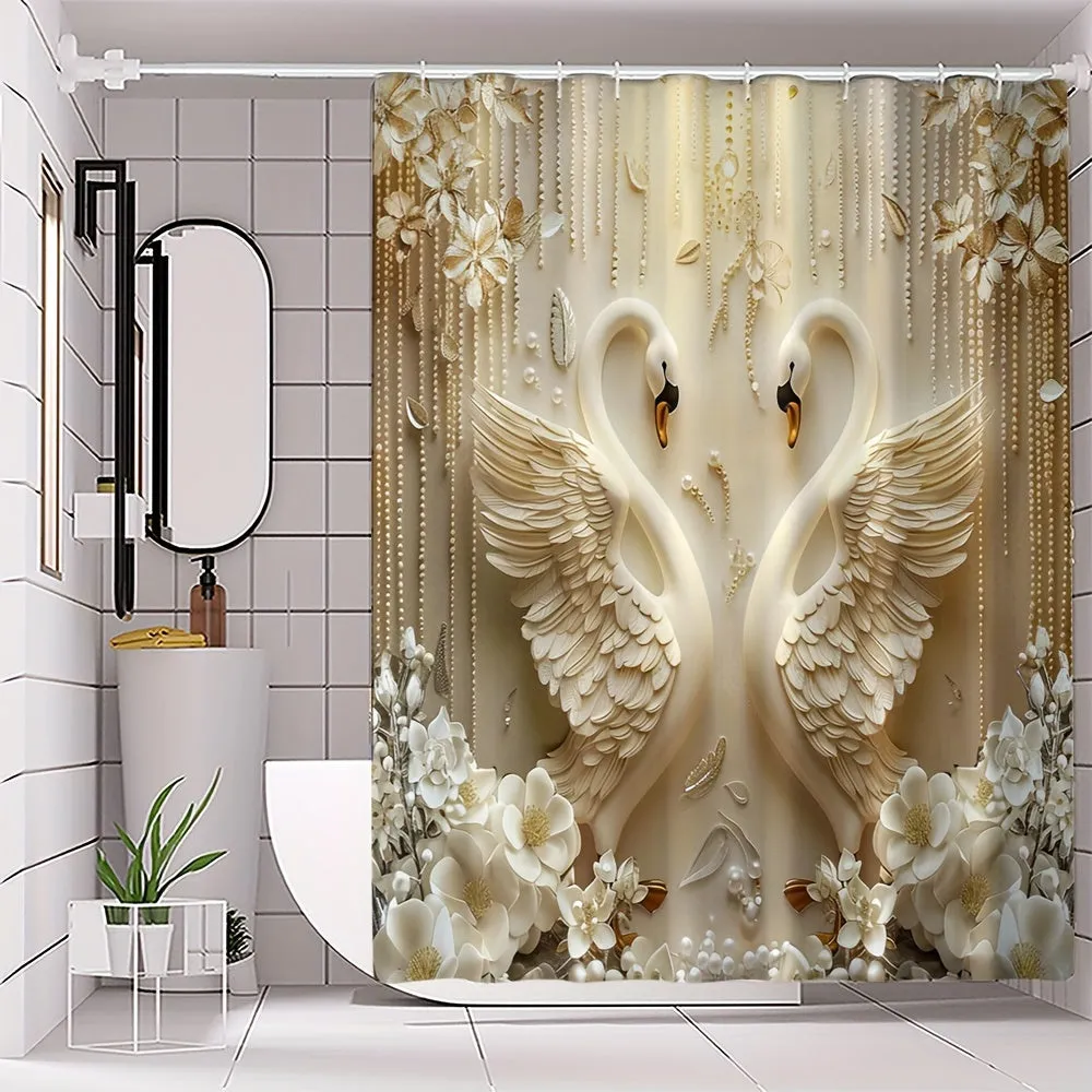 4 pcs Swan digital printing polyester waterproof bath curtain no-perforated partition bathroom bathroom four-piece set