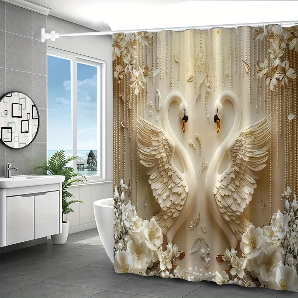 4 pcs Swan digital printing polyester waterproof bath curtain no-perforated partition bathroom bathroom four-piece set