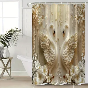 4 pcs Swan digital printing polyester waterproof bath curtain no-perforated partition bathroom bathroom four-piece set