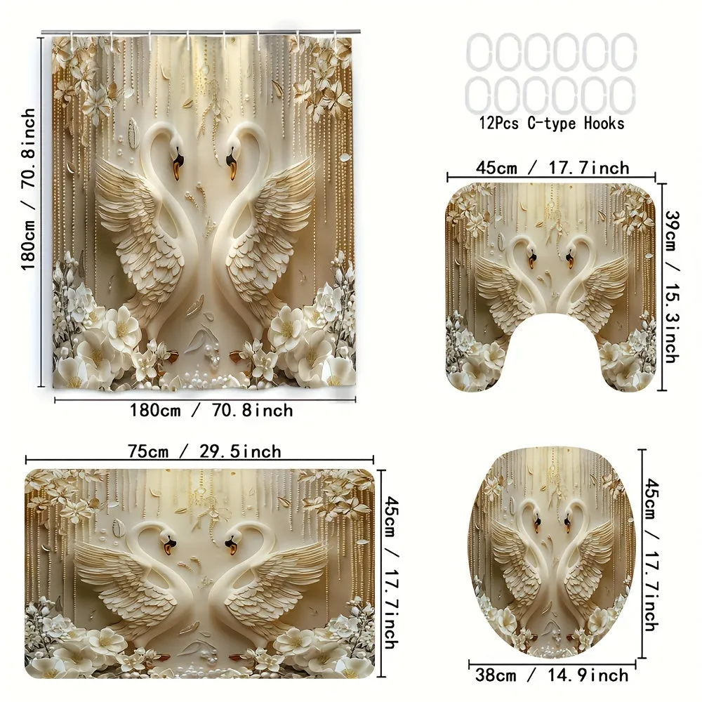 4 pcs Swan digital printing polyester waterproof bath curtain no-perforated partition bathroom bathroom four-piece set