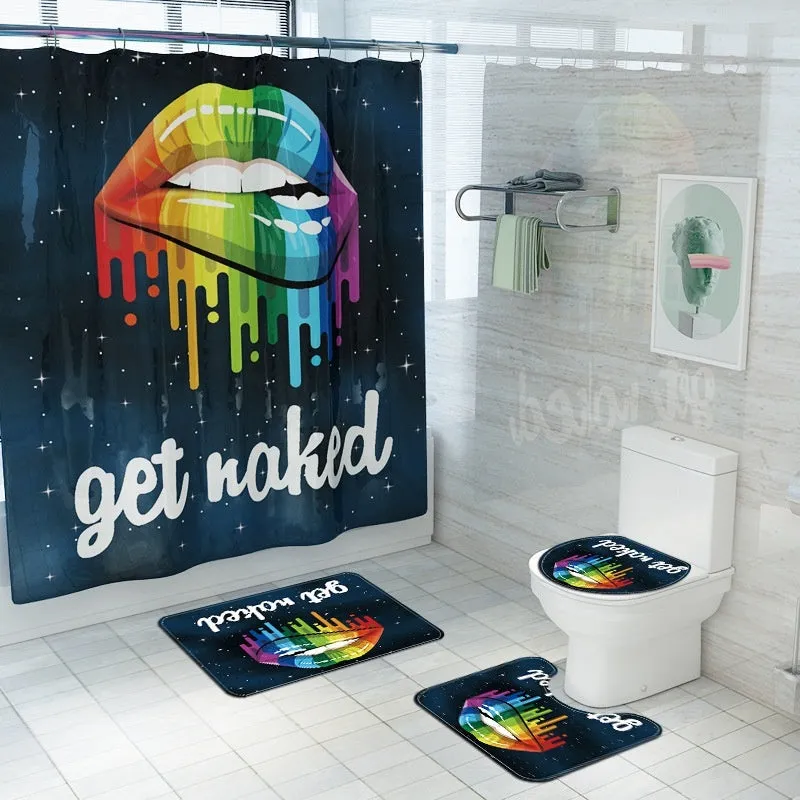 4/3/1pcs White Get Naked Multicolor Kiss Print Shower Curtain Bath Mat Toilet Lid Cover Pedestal Rug Bathroom Decoration Set