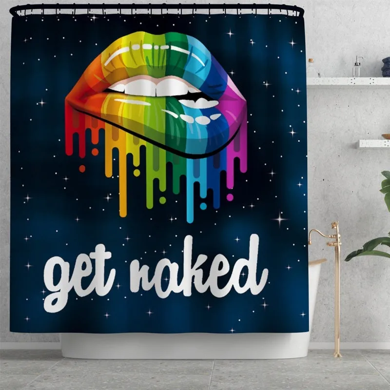 4/3/1pcs White Get Naked Multicolor Kiss Print Shower Curtain Bath Mat Toilet Lid Cover Pedestal Rug Bathroom Decoration Set