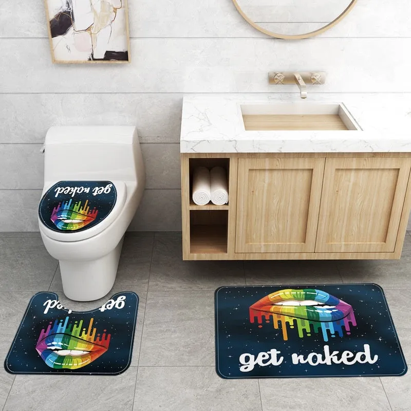 4/3/1pcs White Get Naked Multicolor Kiss Print Shower Curtain Bath Mat Toilet Lid Cover Pedestal Rug Bathroom Decoration Set