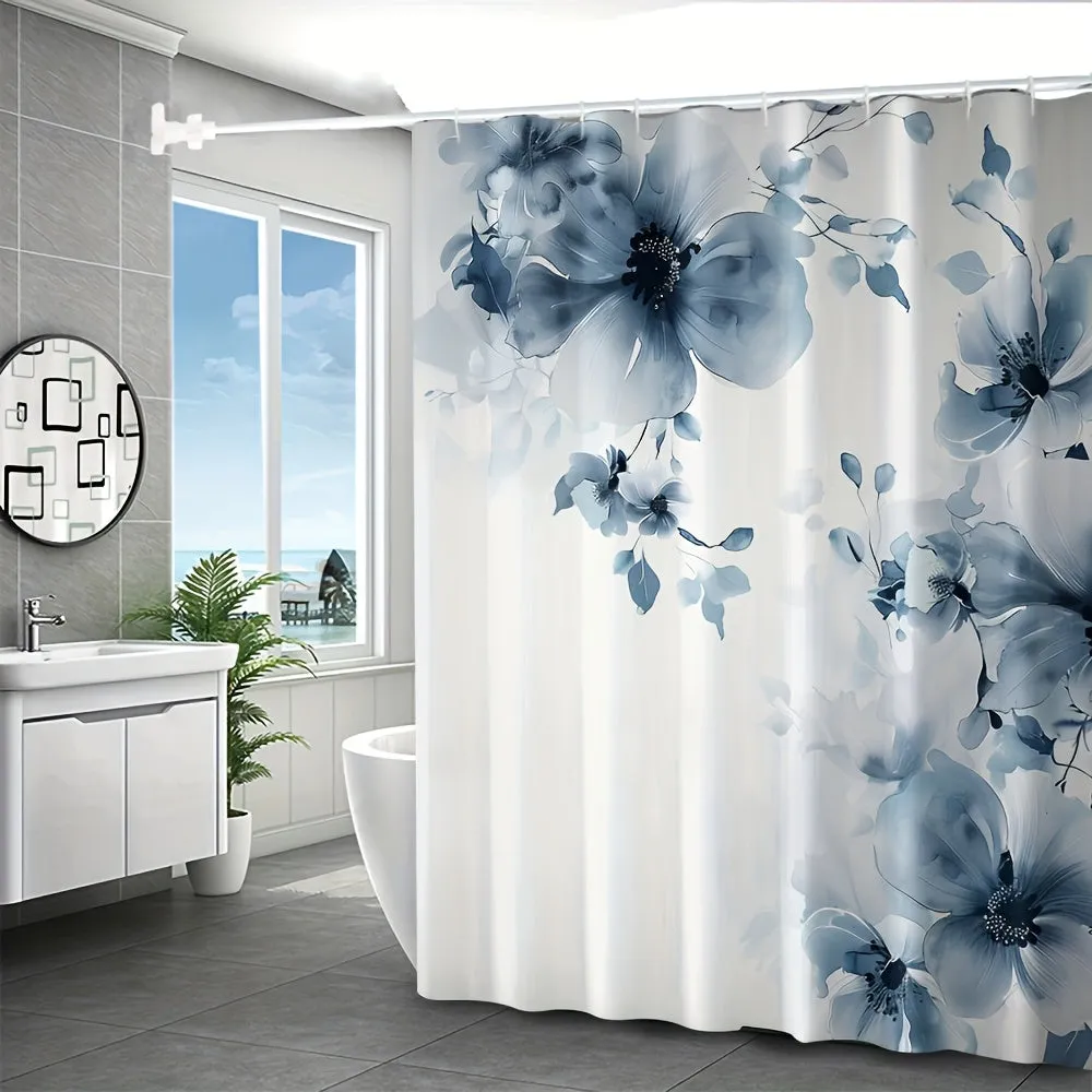 4pcs Blue And White Digital Printed Polyester Waterproof Shower Curtain Without Punching Partition Bathroom Curtain