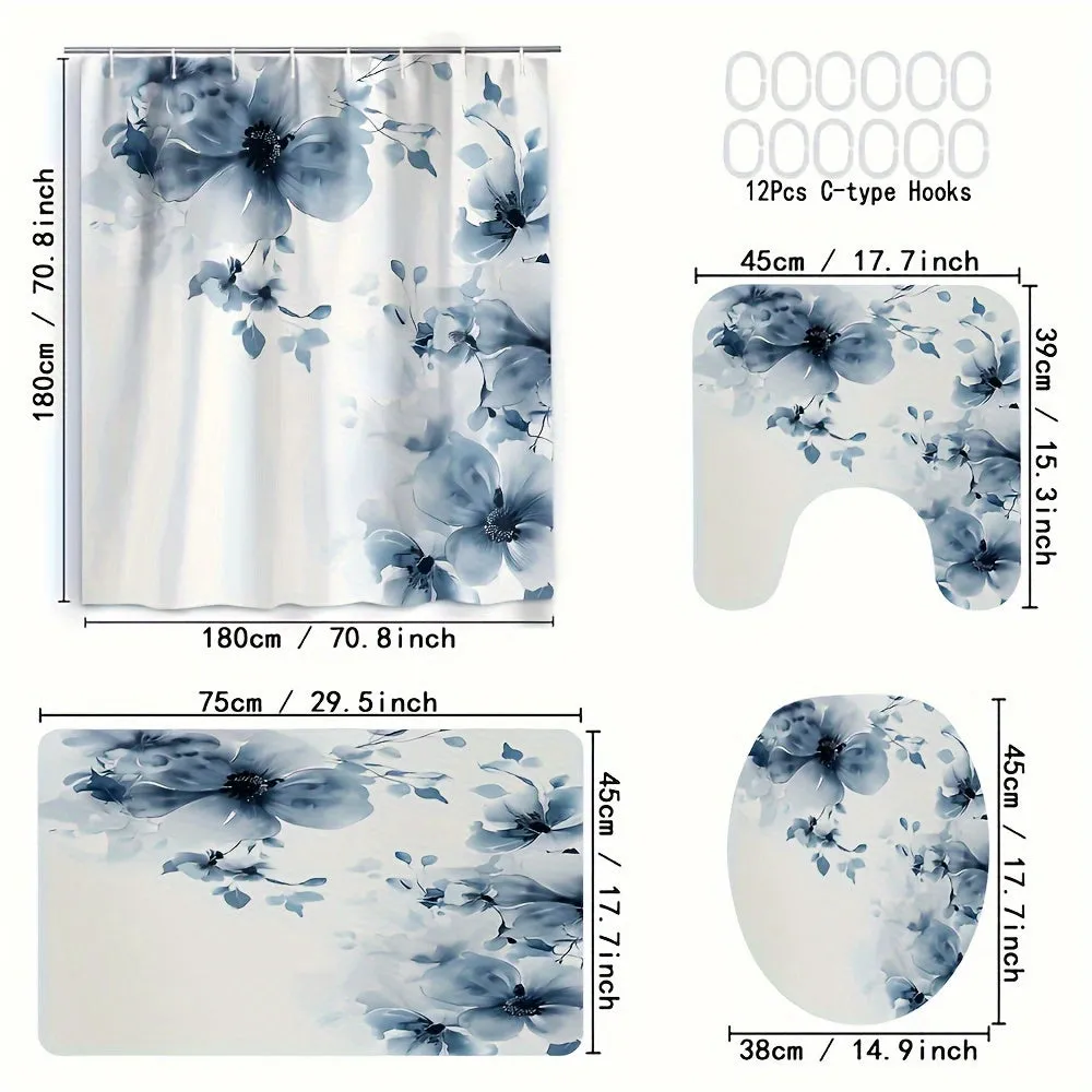 4pcs Blue And White Digital Printed Polyester Waterproof Shower Curtain Without Punching Partition Bathroom Curtain