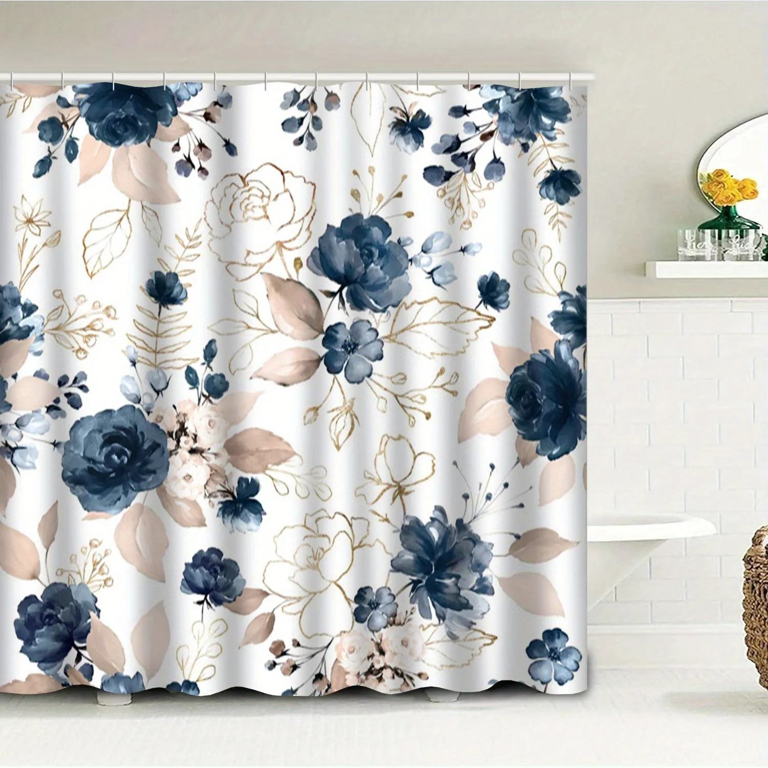 4pcs Floral Shower Curtain Set with 12 Hooks, Seamless Watercolor with Garden Flowers Roses Wildflowers Leaves Branches Waterproof& Non-Slip Bath Mat, Toilet Lid& U-Shaped Rugs