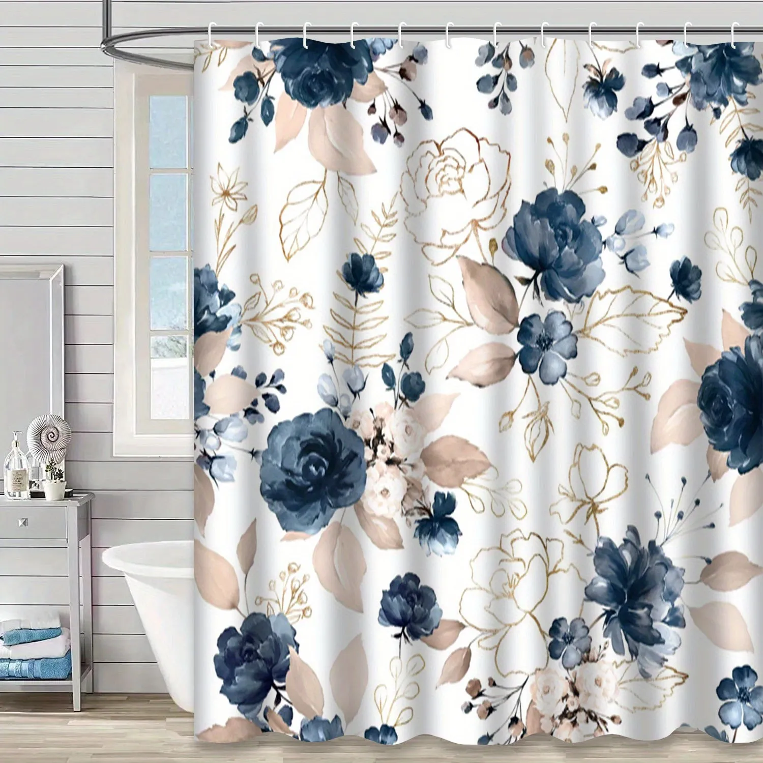 4pcs Floral Shower Curtain Set with 12 Hooks, Seamless Watercolor with Garden Flowers Roses Wildflowers Leaves Branches Waterproof& Non-Slip Bath Mat, Toilet Lid& U-Shaped Rugs