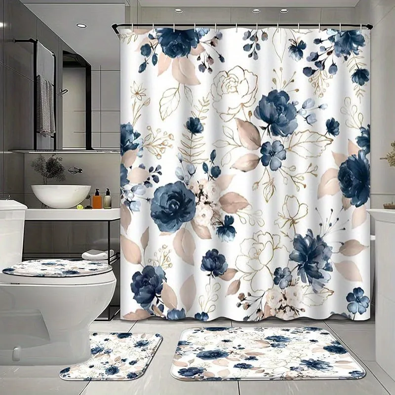 4pcs Floral Shower Curtain Set with 12 Hooks, Seamless Watercolor with Garden Flowers Roses Wildflowers Leaves Branches Waterproof& Non-Slip Bath Mat, Toilet Lid& U-Shaped Rugs