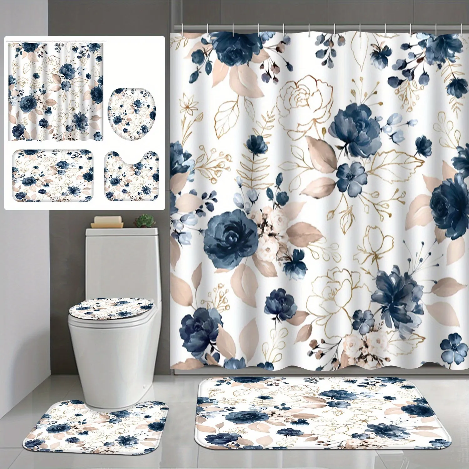 4pcs Floral Shower Curtain Set with 12 Hooks, Seamless Watercolor with Garden Flowers Roses Wildflowers Leaves Branches Waterproof& Non-Slip Bath Mat, Toilet Lid& U-Shaped Rugs