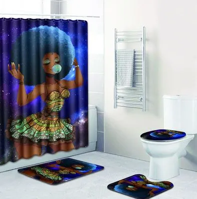 4Pcs Set African Woman Bathroom Mat Curtain Set Non-Slip Pedestal Rug   Lid Toilet Cover   Bath Mat   Bath Shower Curtain LSB09