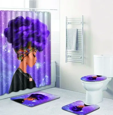 4Pcs Set African Woman Bathroom Mat Curtain Set Non-Slip Pedestal Rug   Lid Toilet Cover   Bath Mat   Bath Shower Curtain LSB09