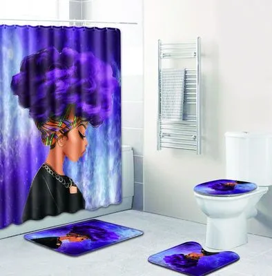 4Pcs Set African Woman Bathroom Mat Curtain Set Non-Slip Pedestal Rug   Lid Toilet Cover   Bath Mat   Bath Shower Curtain LSB09