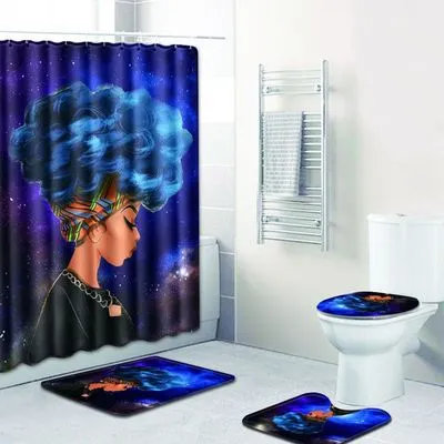 4Pcs Set African Woman Bathroom Mat Curtain Set Non-Slip Pedestal Rug   Lid Toilet Cover   Bath Mat   Bath Shower Curtain LSB09