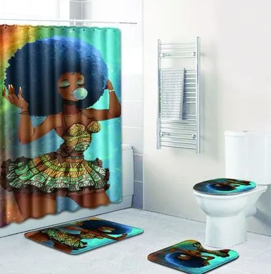 4Pcs Set African Woman Bathroom Mat Curtain Set Non-Slip Pedestal Rug   Lid Toilet Cover   Bath Mat   Bath Shower Curtain LSB09