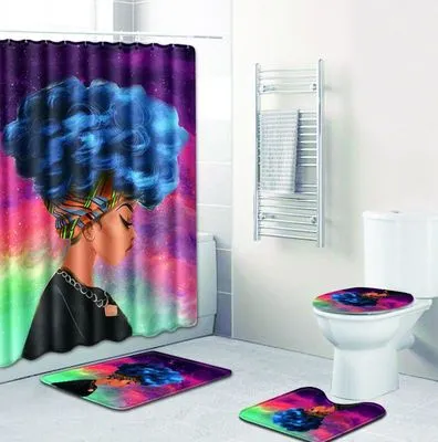 4Pcs Set African Woman Bathroom Mat Curtain Set Non-Slip Pedestal Rug   Lid Toilet Cover   Bath Mat   Bath Shower Curtain LSB09