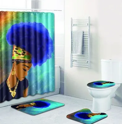 4Pcs Set African Woman Bathroom Mat Curtain Set Non-Slip Pedestal Rug   Lid Toilet Cover   Bath Mat   Bath Shower Curtain LSB09