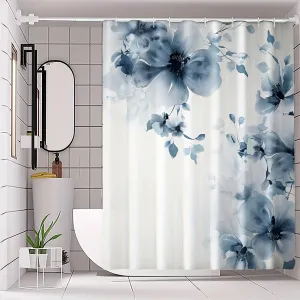 4pcs White Floral Bathroom Curtains, Digital 3D Printing Waterproof Bathroom Curtain Set, Bathroom Curtains Without Perforations