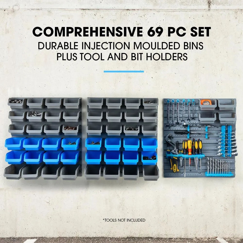 69pc Modular Wall Mounted Parts Bin Rack with Tool Holders