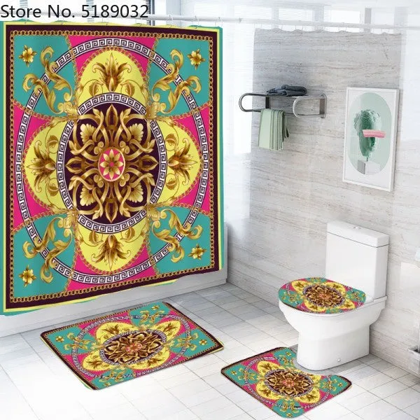 A Set Of 4 Hollow-Shaped Shower Curtains With Bath Mats Toilet Lids, Waterproof Floor Mats Retro Style Shower Curtains