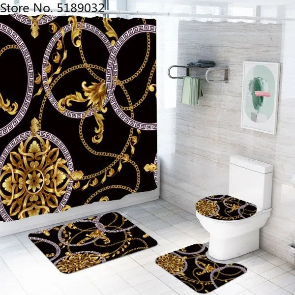 A Set Of 4 Hollow-Shaped Shower Curtains With Bath Mats Toilet Lids, Waterproof Floor Mats Retro Style Shower Curtains