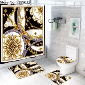 A Set Of 4 Hollow-Shaped Shower Curtains With Bath Mats Toilet Lids, Waterproof Floor Mats Retro Style Shower Curtains