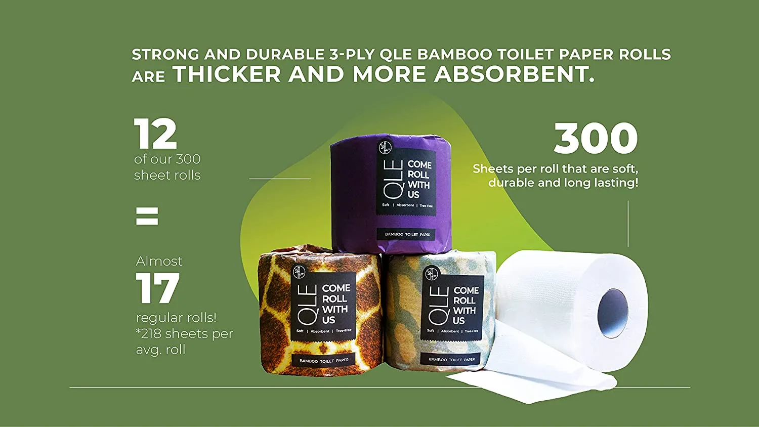 Bamboo Toilet Paper, Sustainable Hypoallergenic and Eco-Friendly Toilet Tissue, 3 Ply with 300 Sheets per Roll, 12 Pack