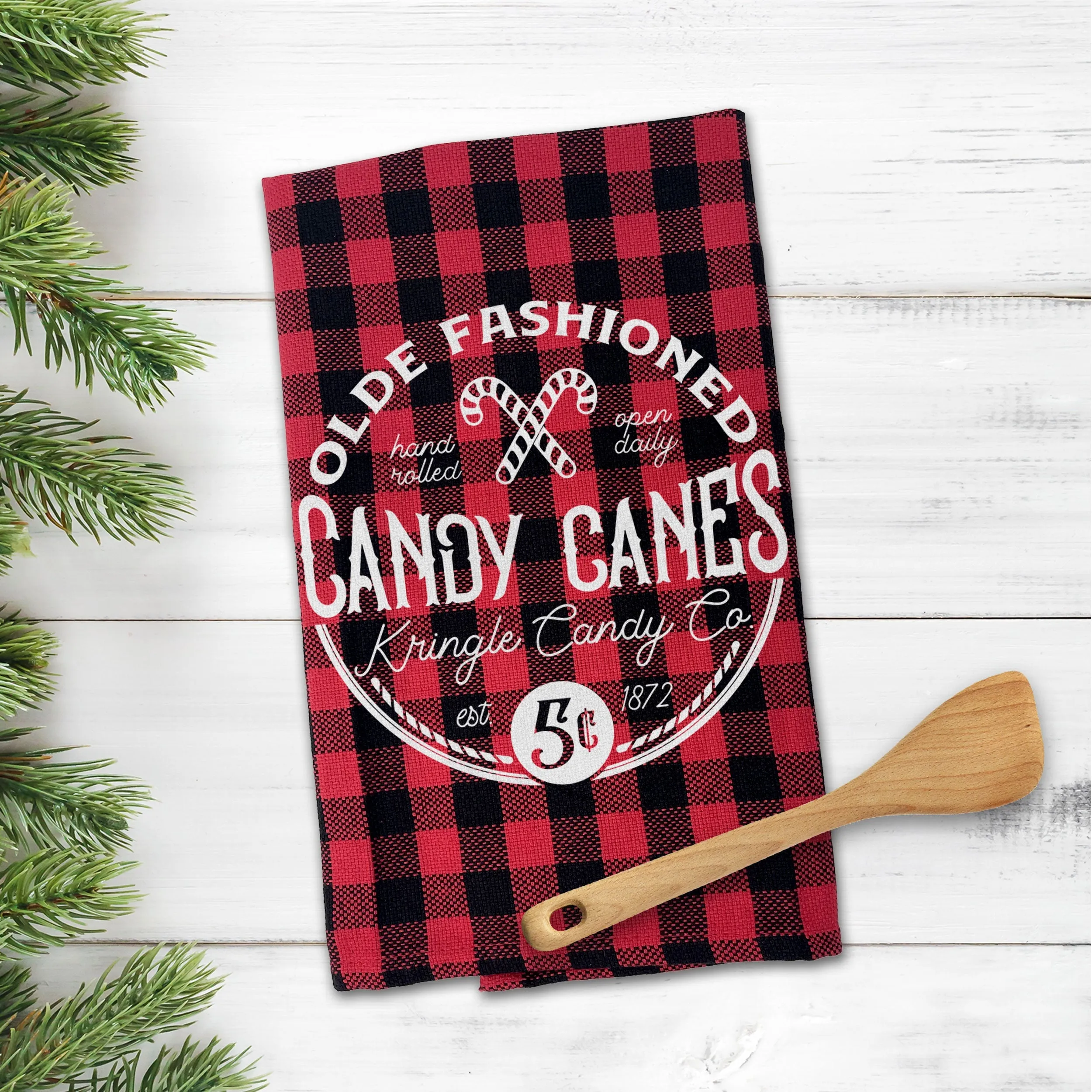 Buffalo plaid red black Cotton Tea towel | christmas tea towel | olde fashioned candy canes tea towel