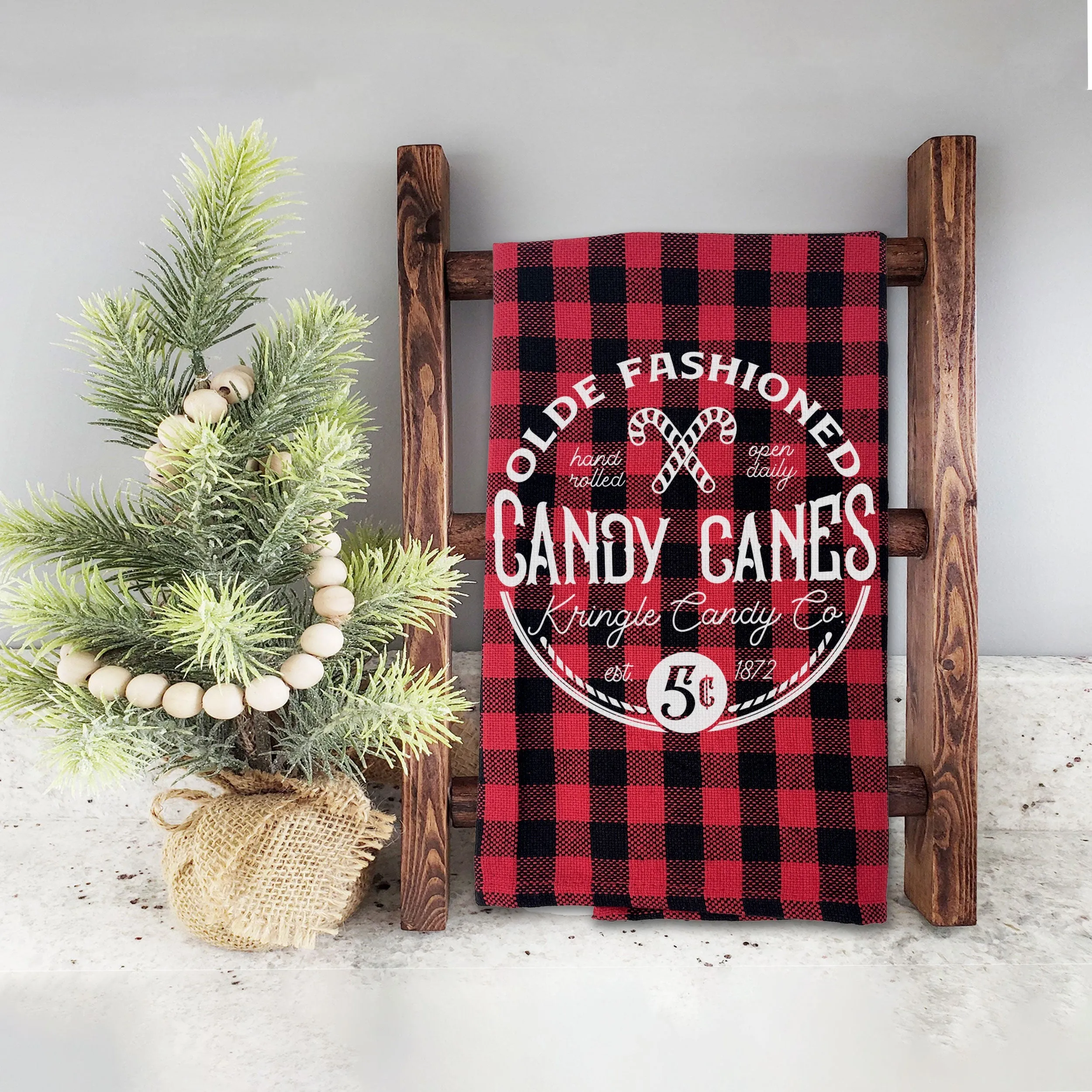 Buffalo plaid red black Cotton Tea towel | christmas tea towel | olde fashioned candy canes tea towel