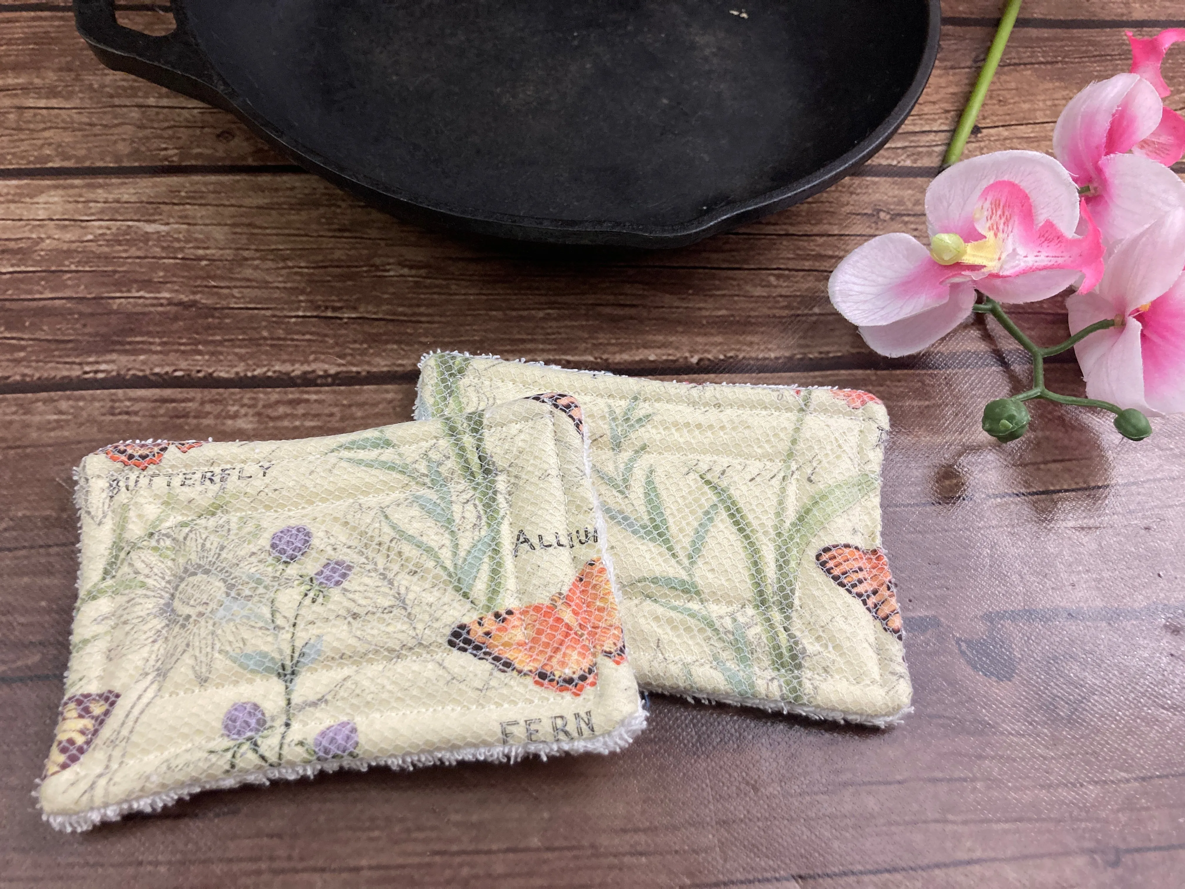 Butterflies and flowers Reusable Kitchen Sponges- Perfect for cleaning dishes, counters and Cast Iron Pots. Mesh side for extra cleaning power.