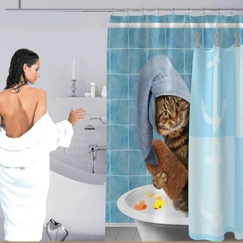 Cute Shower Curtain Funny Cat Print Shower Curtains Blue 12 Hooks Waterproof Fabric Mildew Resistant